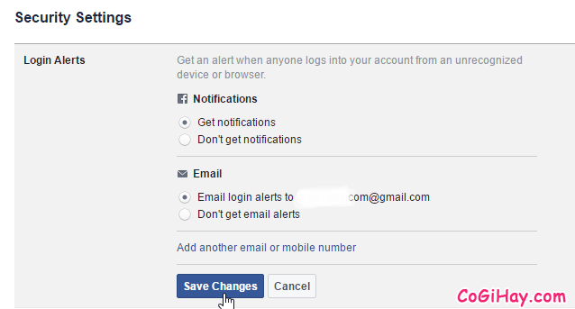 bật cảnh báo email khi đăng nhập Facebook