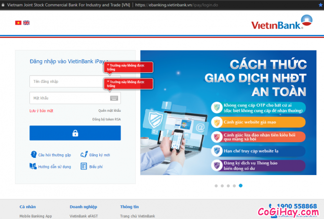 giao diện đăng nhập vietinbank ipay