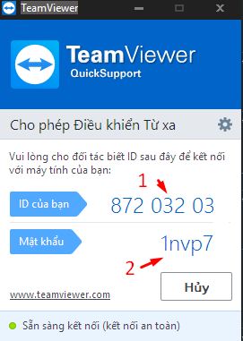 xác định id và pass trên teamviewer quick support